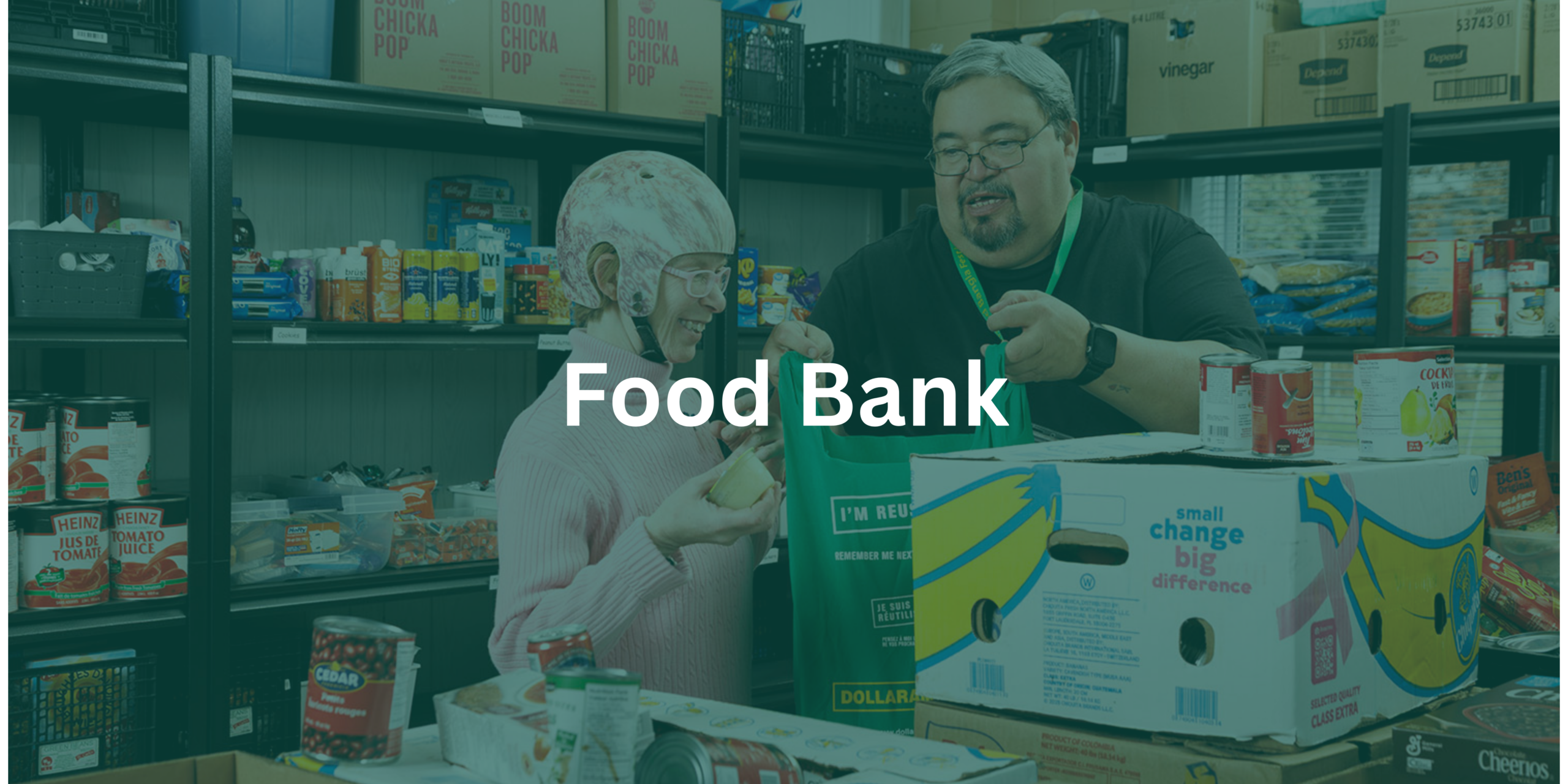 A client and a volunteer navigate the food bank.